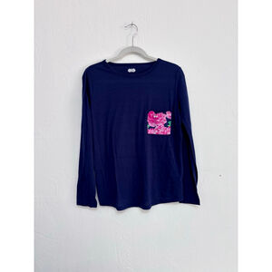 Women's Mud Pie Navy Long Sleeve Tee with Floral Pocket L